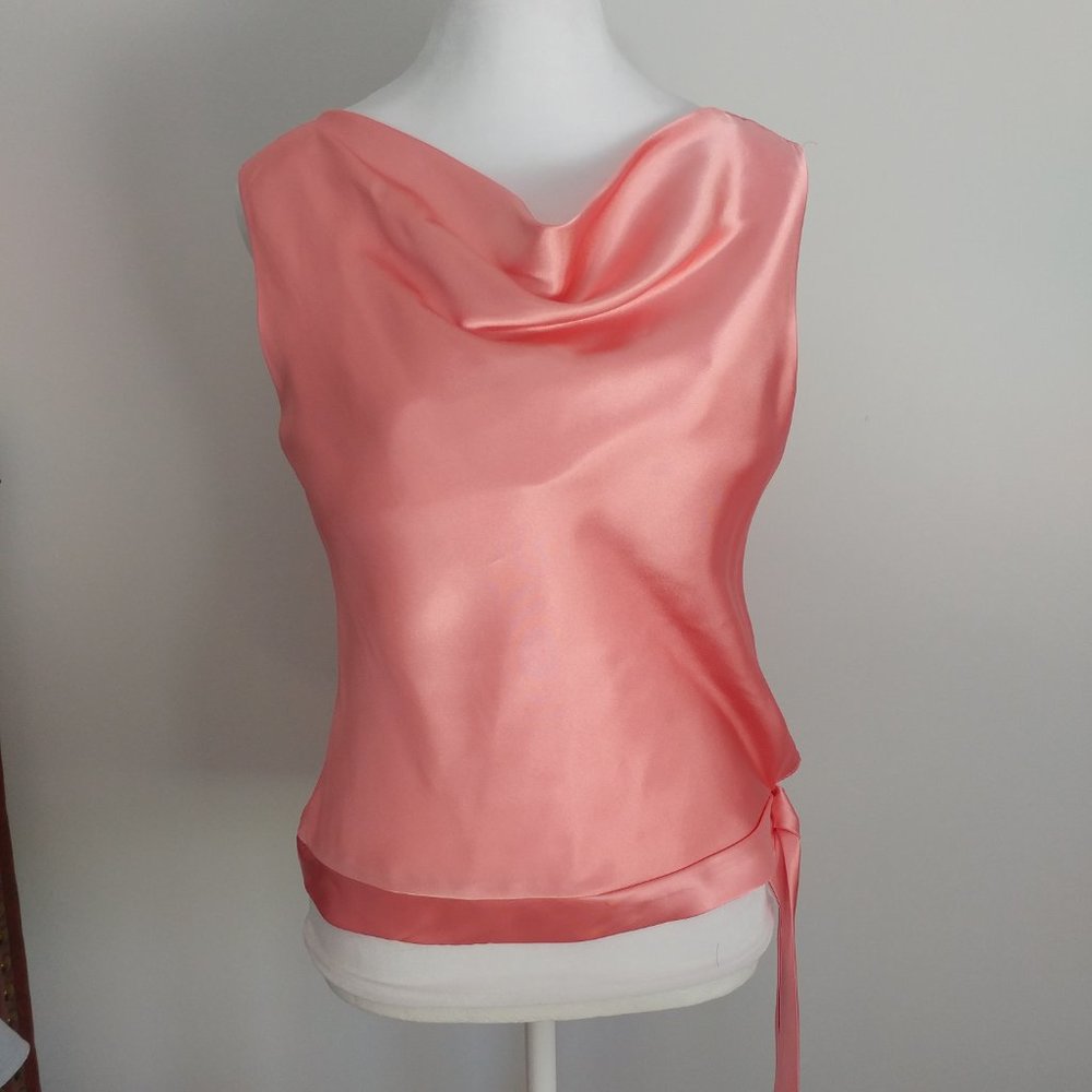Sleeveless Cowl Neck Satin Blouse Salmon Coral Colour Band Hem w/ Side Tie sz 6
